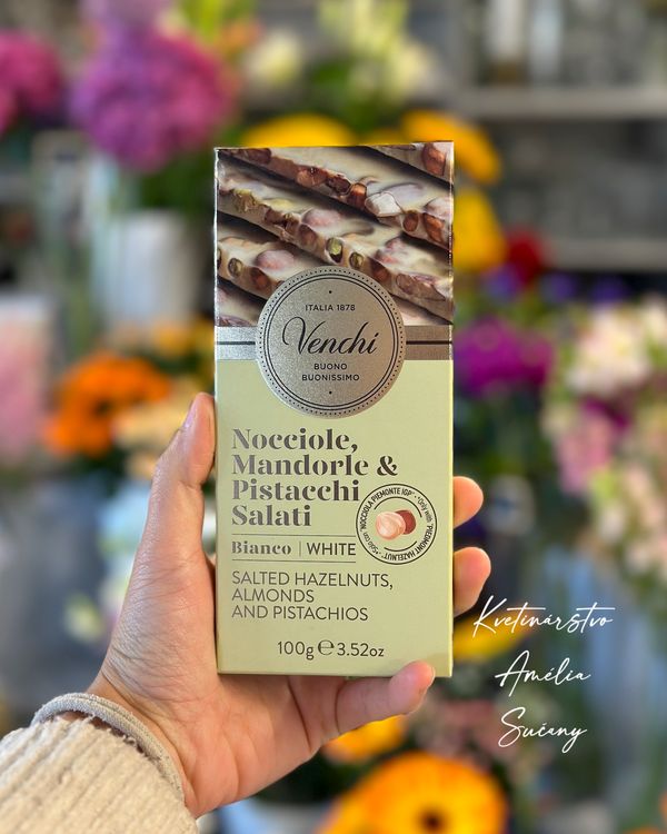 Venchi Nocciole & Pistacchi | Biela mliečna čokoláda so solenými lieskovcami, mandľami a pistáciami, 100 g